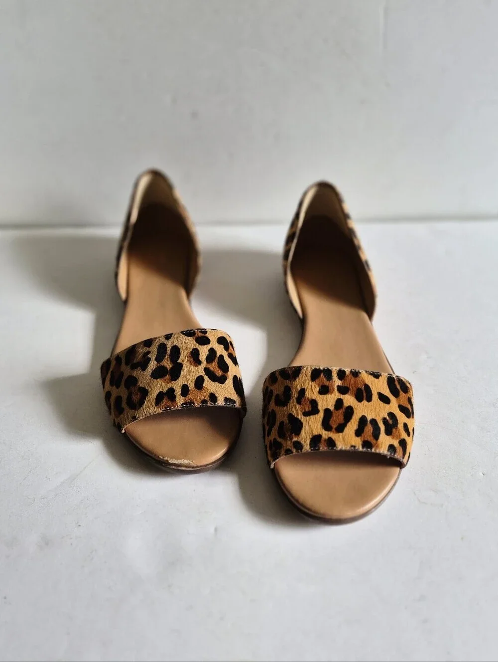 J.Crew Morgan Leopard Calf Hair Peep Toe Flats Size 9.5 Brown Tan Animal Print